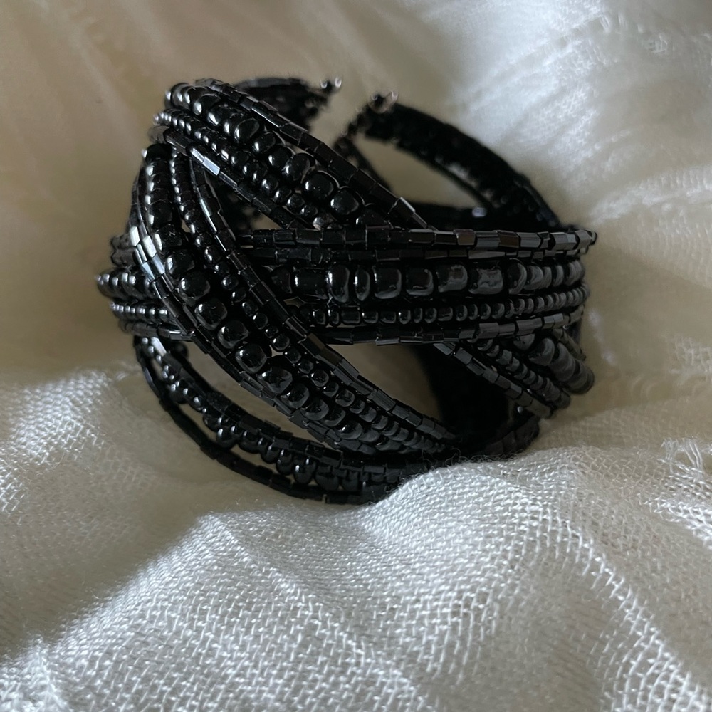 Open black seed beads braided cuff bracelet